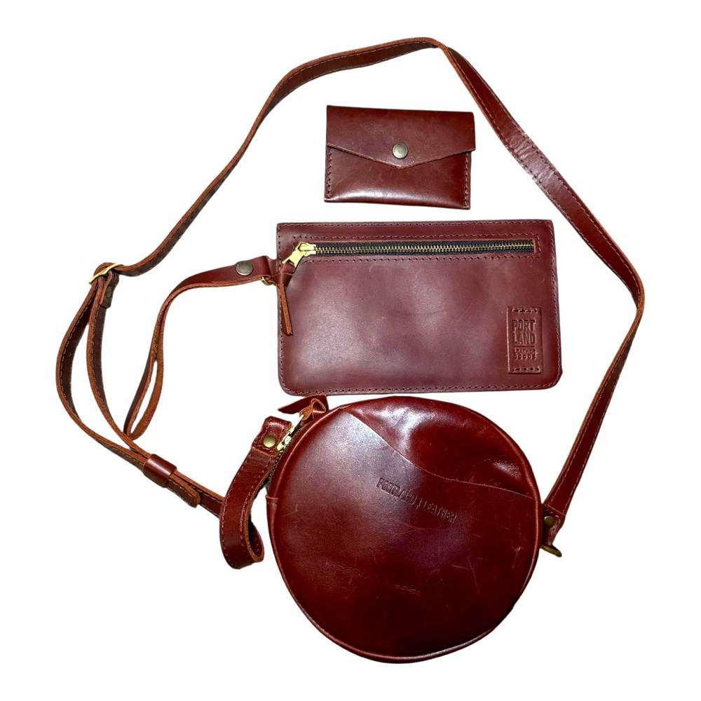 PORTLAND LEATHER Cognac Small Circle Crossbody, Change Purse, Wristlet Bundle